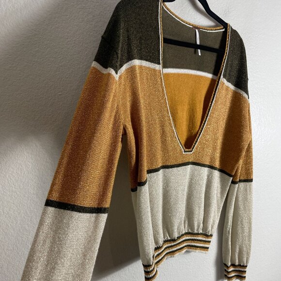 Free People Womens Medium Metallic Deep V Neck Sweater Gold Dust Pullover Top - Picture 11 of 14